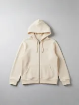 Canguro crudo con capucha, cierre frontal y bolsillos tipo canguro.