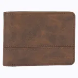 Billetera negra de cuero reciclado con logo Merrell grabado en la parte inferior.