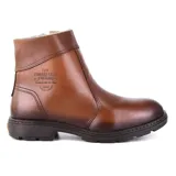 Bota de cuero color marrón con interior de piel sintética, suela de goma y cierre lateral.