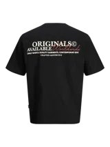 Remera negra de manga corta con cuello redondo, corte holgado y estampado pequeño en el pecho con la leyenda "Originals Available Worldwide".