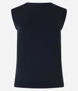 Blusa sin mangas color blanco, con cuello redondo y espalda abierta con escote en U.