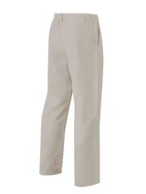 Pantalón capri de lino color beige con efecto melange, pretina elástica con cordón ajustable, bolsillos delanteros y traseros.