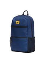 Mochila unisex color azul marino con logo Caterpillar (CAT) en parche amarillo en la parte superior frontal. Presenta un bolsillo frontal con cierre, bolsillos laterales de malla negra y correas ajustables de malla transpirable.