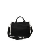 Bolso tote negro con asas cortas y correa larga ajustable. Estampado frontal con la frase "The Good Stuff" y el logo de Miss Carol.