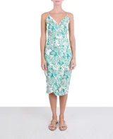 Vestido corto con estampado de hojas en tonos turquesa y blanco, con breteles finos y escote cruzado.