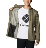 Campera polar Columbia Park View Fleece, color azul jaspeado, con cierre frontal completo, cuello alto, bolsillos laterales con cierre y bolsillo en el pecho con cierre vertical en color verde lima. Cuenta con tecnología Omni-Wick, puños elásticos con orificios para pulgares y protector de barbilla.