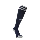 Medias de fútbol Adidas adi 23, color azul marino con tres rayas horizontales blancas en la parte superior y logo de la marca en el frente.