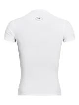 Remera de compresión blanca Under Armour HeatGear de manga corta con logo negro en el pecho y en la banda para el pelo.