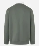 Sweater verde oliva de algodón y poliéster con cuello polo blanco, mangas largas y lettering bordado en el frente.