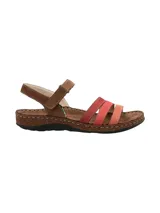 Sandalia de cuero color marrón con tiras en degradé de rojo a naranja y ajuste con velcro en el tobillo. Suela de goma.