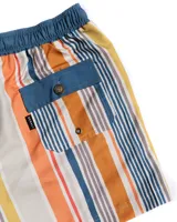 Short de baño con rayas verticales en tonos naranja, amarillo, gris y azul. Cintura elastizada con cordón ajustable.