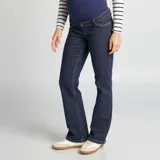 Pantalón de jean azul oscuro, corte flare, con cintura alta elástica para embarazo.