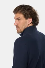 Buzo azul marino de punto con medio cierre y cuello alto.