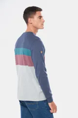 Remera de manga larga con rayas anchas en el pecho y mangas lisas, bordado en el pecho.