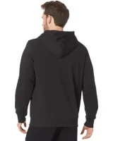 Buzo canguro negro con capucha, cordón de ajuste y bolsillo tipo canguro. Logotipo de The North Face estampado en blanco en el pecho.