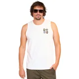 Musculosa blanca con estampado pequeño en el pecho del logo de Volcom y dos personajes.