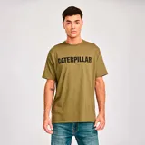 Remera gris jaspeado de manga corta con cuello redondo y logo de Caterpillar estampado en el pecho.