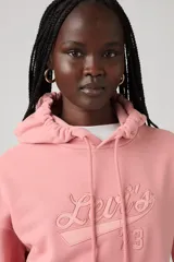 Buzo hoodie rosa con logo de Levi's bordado en el frente y bolsillo tipo canguro.