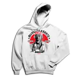 Canguro blanco con capucha y cordones ajustables, puños y cintura acanalados. Estampado frontal con imagen de Mr. Miyagi y texto "Miyagi-Do Karate".
