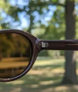 Gafas de sol con montura ovalada de color marrón chocolate y lentes polarizadas color marrón.