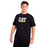 Remera negra de algodón con logo de Caterpillar (CAT) estampado en el pecho en color blanco y amarillo.