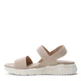 Sandalias Lady Confort Vitre con tiras elásticas cruzadas en empeine y tobillo, base blanca y plantilla marrón.