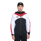 Campera deportiva Umbro con capucha y cierre frontal, en color negro con detalles en blanco y rojo.