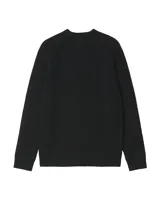 Sweater de punto negro con efecto tweed o salpicado de colores (rojo, verde, amarillo) en la trama. Presenta cuello redondo, mangas raglán y puños y ruedo acanalados. Lleva un pequeño parche con el logo de Carhartt WIP en la parte inferior izquierda.