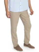 Pantalón de lino color beige, con pretina de jersey ajustable, calce regular, bolsillos en el frente y trasero.