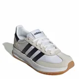 Championes Adidas Run 72S 2.0, color blanco con tres franjas laterales negras y detalles en gamuza beige. Suela blanca con puntera y talón en goma color caramelo.