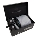 Set de corbata, pañuelo de bolsillo y gemelos color azul con diseño de micro puntos.