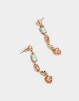 Aros colgantes largos dorados con strass en forma de corazón, flor, círculo y rectángulo.