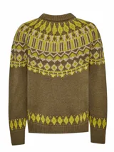 Sweater de lana de alpaca y oveja color crudo con diseño geométrico en tonos marrones.