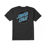 Remera negra de manga corta con logo de Etnies en el pecho y estampado de Santa Cruz en la espalda.