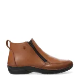 Botín bajo de cuero negro, estilo casual, con cierre lateral y costuras decorativas en color claro. Presenta un pequeño logo grabado en el lateral superior.