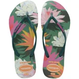 Ojotas Havaianas Slim Summer Bliss con estampado floral en tonos beige, rosa, naranja, verde y blanco.