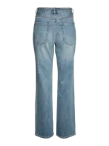 Pantalón de jean celeste de corte recto, tiro alto y lazo ajustable en la cintura.