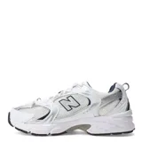 Championes New Balance 530 de running unisex, color blanco con detalles plateados y azules.