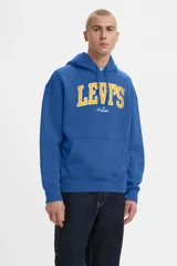 Buzo hoodie azul con logo Levi's estampado en amarillo y blanco.