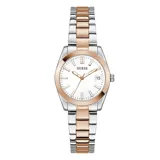 Reloj analógico Guess modelo Alice para mujer, con caja redonda de 32mm y esfera blanca. Presenta marcadores de hora aplicados y agujas en tono oro rosado. La caja y la pulsera son de acero bicolor (plateado y oro rosado). Posee ventana de fecha a las 3. El bisel es liso.