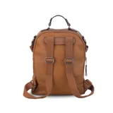 Mochila color beige de símil cuero con doble apertura superior con cierre. Incluye dos bolsillos al frente con cierres metálicos, asa rígida de mano y correa de galón. En la espalda correas de galón regulables.