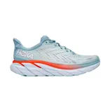 Championes Hoka Clifton 8 para mujer, color celeste con detalles en naranja y blanco.