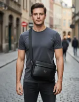 Bandolera negra de cuero sintético con correa ancha ajustable y desmontable. Cuenta con cierre superior, bolsillo frontal con tiracierre customizado, forro interno y cuatro bolsillos en total (dos exteriores y dos interiores).