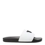 Chanclas tipo slide confeccionadas en goma, color blanco con logo negro.