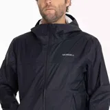 Campera impermeable Merrell Fallon Rain Shell color gris oscuro, con capucha ajustable, cierre frontal, bolsillos con cierre, puños ajustables con velcro y tecnología DWR resistente al agua y al viento. Se puede plegar y guardar en el bolsillo izquierdo.