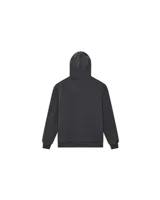 Buzo hoodie negro de algodón con capucha, cordón ajustable y bolsillo tipo canguro.
