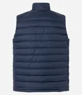 Chaleco puffer deportivo negro con cuello alto y cierre frontal con cremallera.