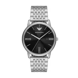 Reloj de acero inoxidable con esfera negra y movimiento de tres agujas con fecha.