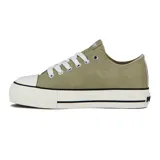Zapatillas de lona beige con plataforma y detalles en blanco, diseño clásico con cordones.