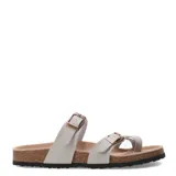 Sandalias bajas de cuero marrón con plantilla anatómica y hebillas ajustables.